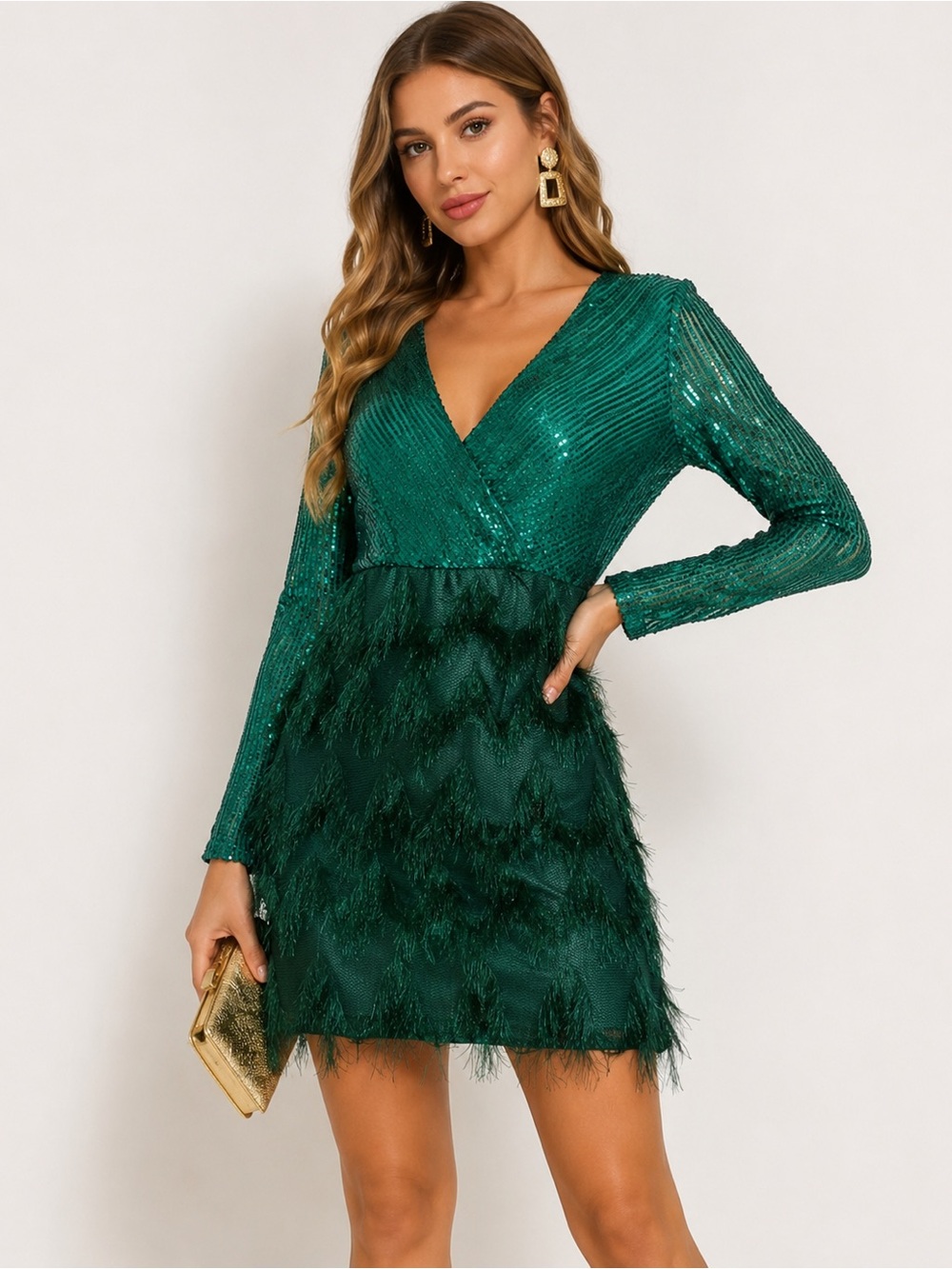 Emerald Green Sequin Fringe Party Dress Large NWT Glam Cocktail